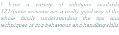 I have a variety of solutions available 121/home sessions are a really good way of the whole family understanding the tips and techniques of dog behaviour and handling skills.